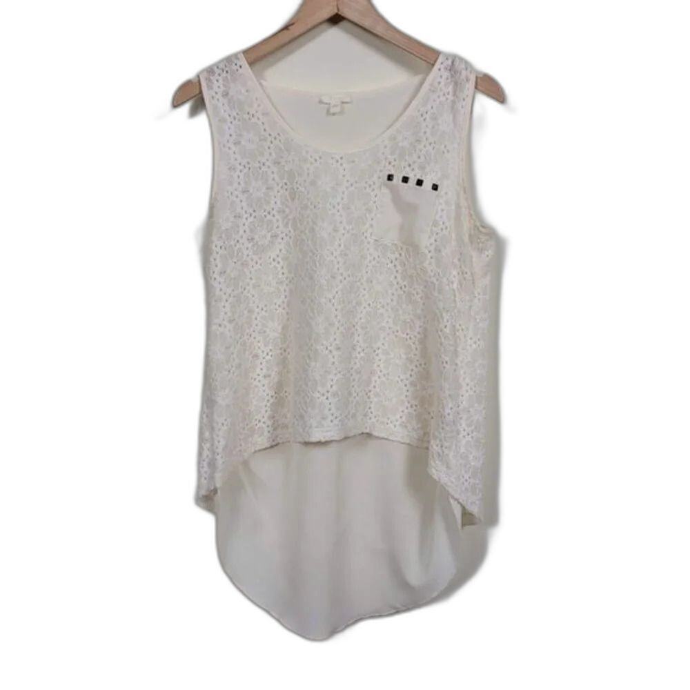 Pearl Ivory Lace Tank Top Womens Size M High Low Hem Boho Sleeveless Blouse